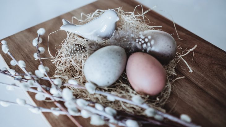 Three coloured eggs are nestled in a nest on a table. A ceramic bird sits on top and pussy willow branches are next to them.