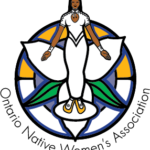 Onatrio Native Women Association Logo. Circle with native women standing in center trilum flower drawing in background